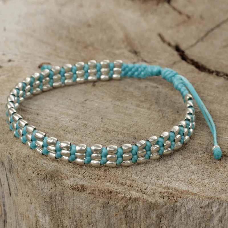 Modern women's bracelets -Friendly Blue Light Blue Macrame Adjustable Bracelet with 950 Silver Beads