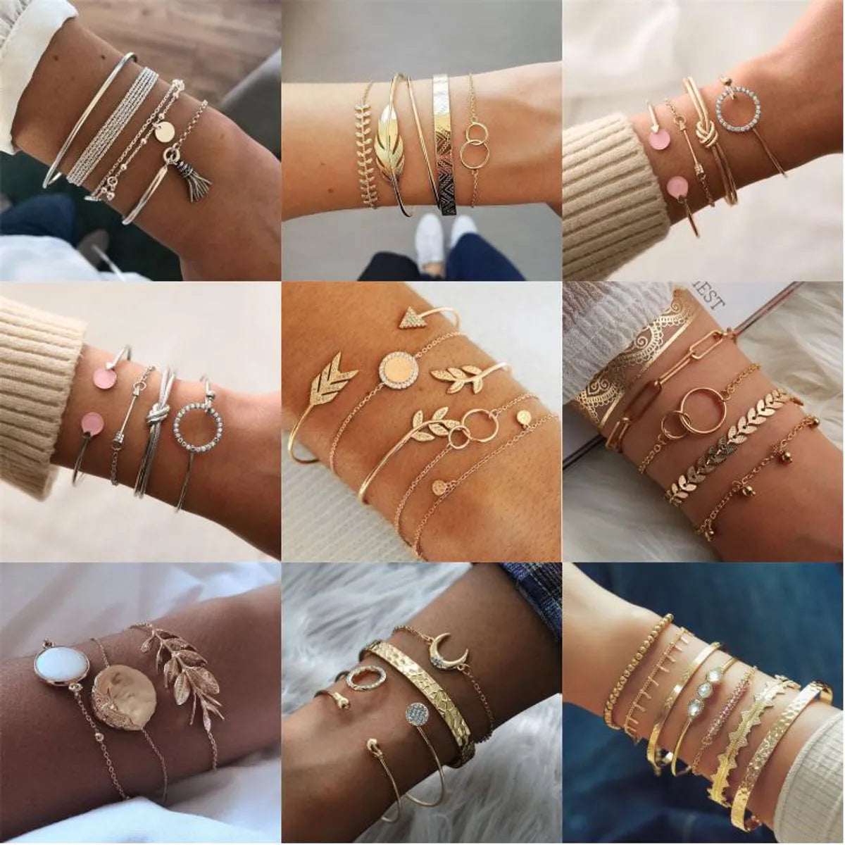 Women's bangles with precious metals -Vintage Style Punk Simple Style Moon Leaves Arrow Stainless Steel Alloy Plating Inlay Artificial Diamond Rhinestones Gold Plated Silver Plated Bracelets Bangle