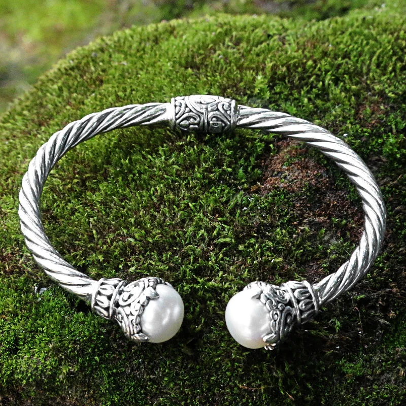 Women's bangles with precious metals -Sterling Silver Rope & Pearl Cuff Bracelet