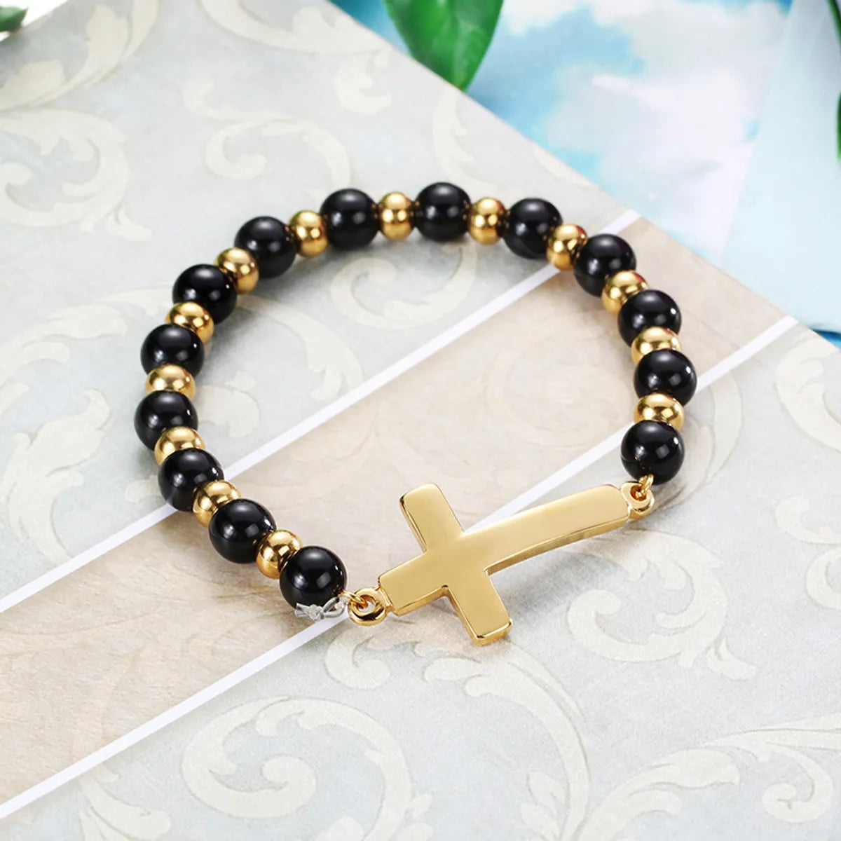 Colored women's bangles -European And American Stainless Steel Gold Black Bead Cross Bracelet