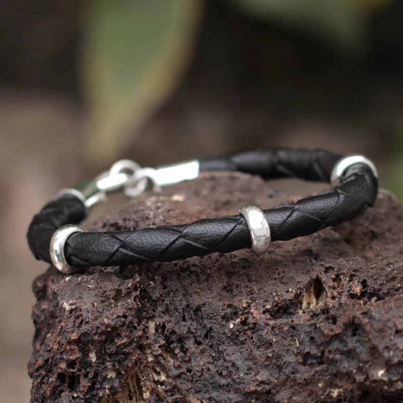 Pearl bangles for women -Men's Black Braided Leather Bracelet