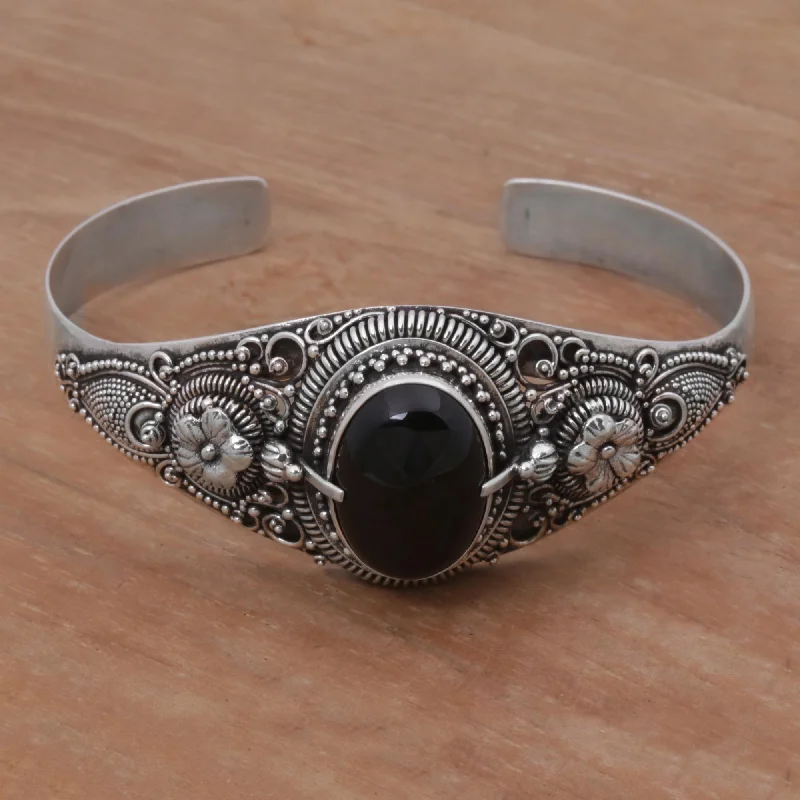 Adjustable women's bracelets -Balinese Magic In Black Onyx & Silver Floral Bracelet