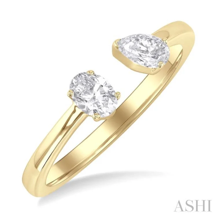 Engagement rings with unique settings for women -1/2 ctw Toi Et Moi Oval and Pear Cut Diamond Open Fashion Ring in 14K Yellow Gold