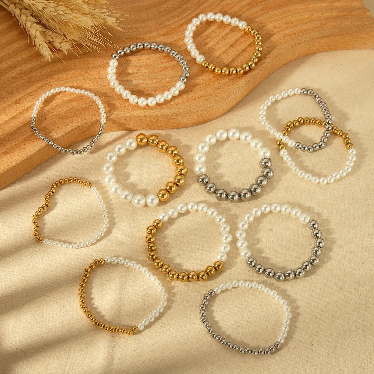 Handmade women's bracelets -IG Style Basic Commute Solid Color 304 Stainless Steel Artificial Pearl 18K Gold Plated Artificial Pearls Bracelets In Bulk