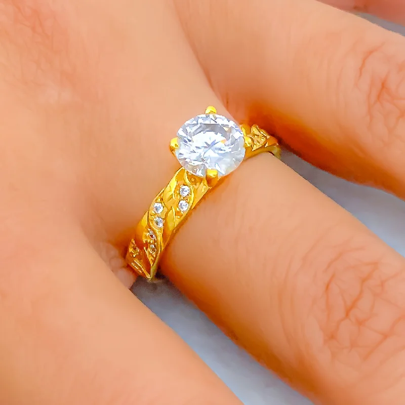 Women’s opal engagement rings-Sleek Twisted 22k Gold CZ Ring w/ Solitaire