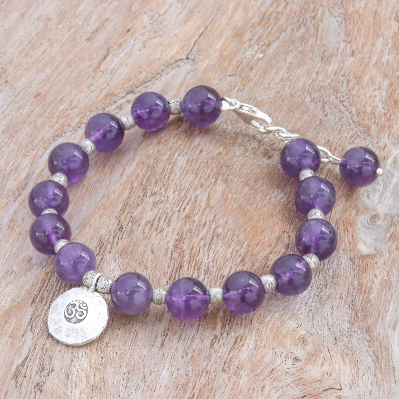 Artistic design women's bracelets -Planetary Om Karen Silver and Amethyst Beaded Bracelet from Thailand