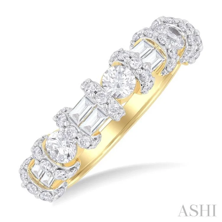 Engagement rings with two-tone band for women -1.00 ctw Fusion Baguette and Round Cut Diamond Fashion Band in 14K Yellow Gold