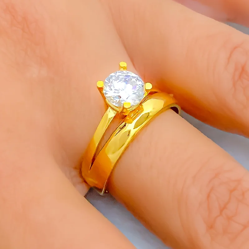 Women’s polished rings-Dual Band 22k Gold CZ Ring w/ Solitaire