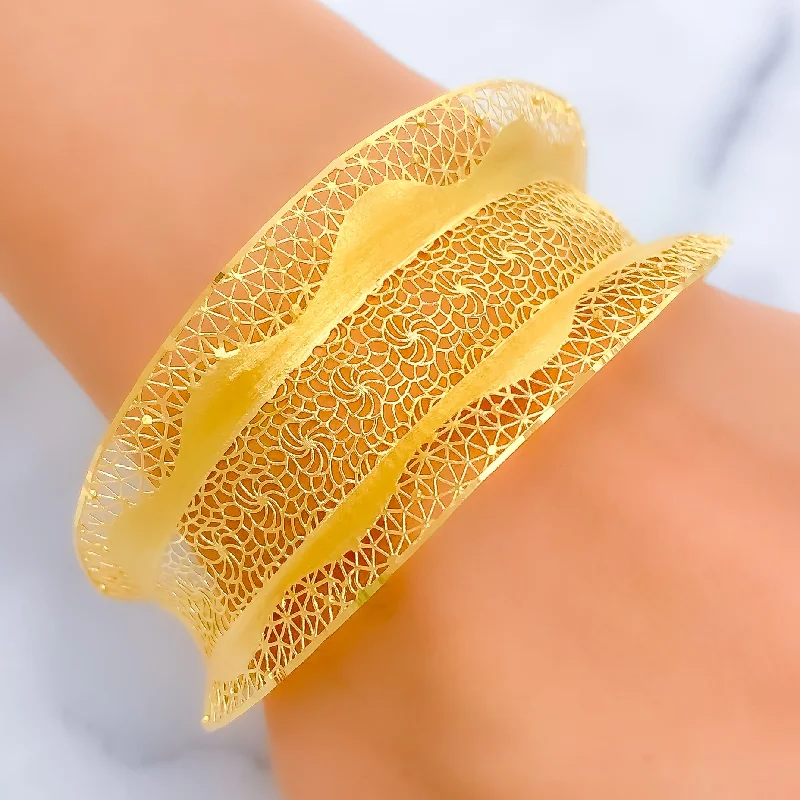 Chunky women's bangles -Reflective Ornate Filigree 21K Gold Bangle Bracelet