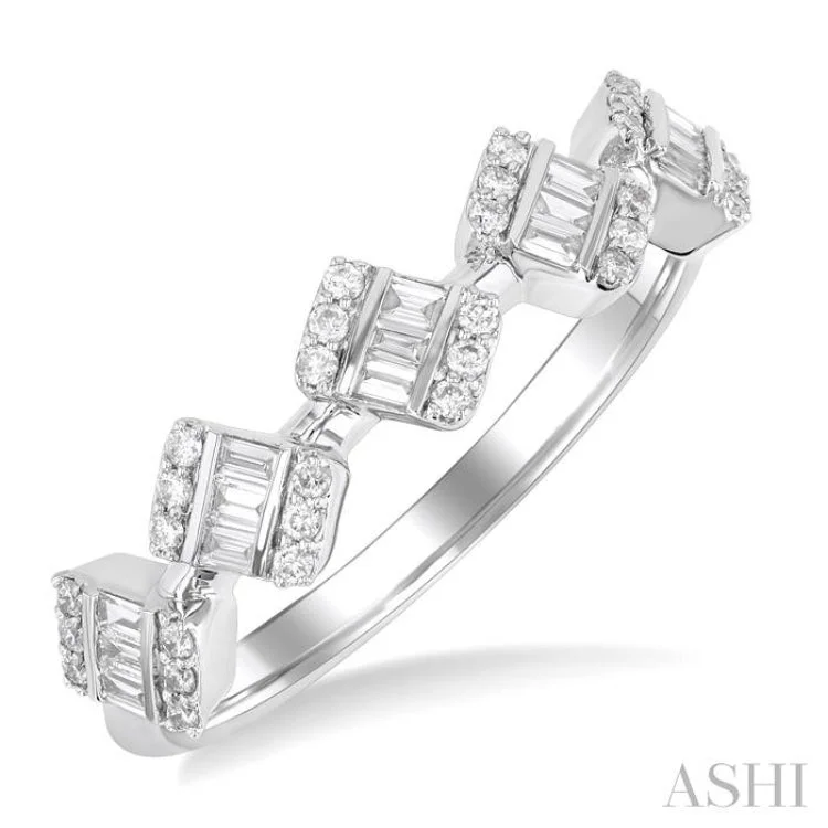 Engagement rings for women with matching bands -1/3 ctw Cushion Shape 5-Mount Fusion Baguette and Round Cut Diamond Fashion Ring in 14K White Gold