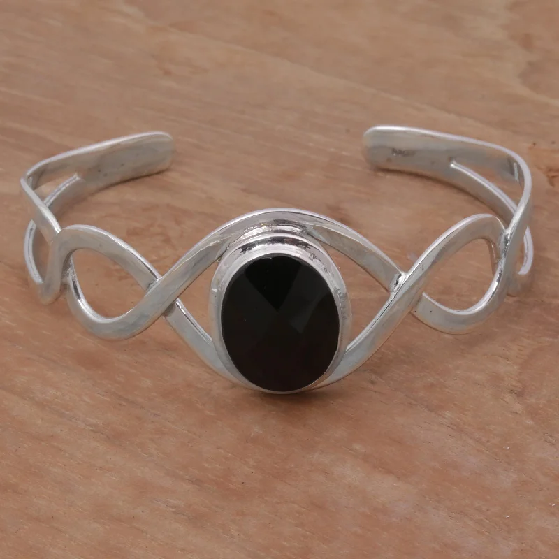 Women's bangle with diamonds -Double Helix Onyx & Silver Cuff Bracelet