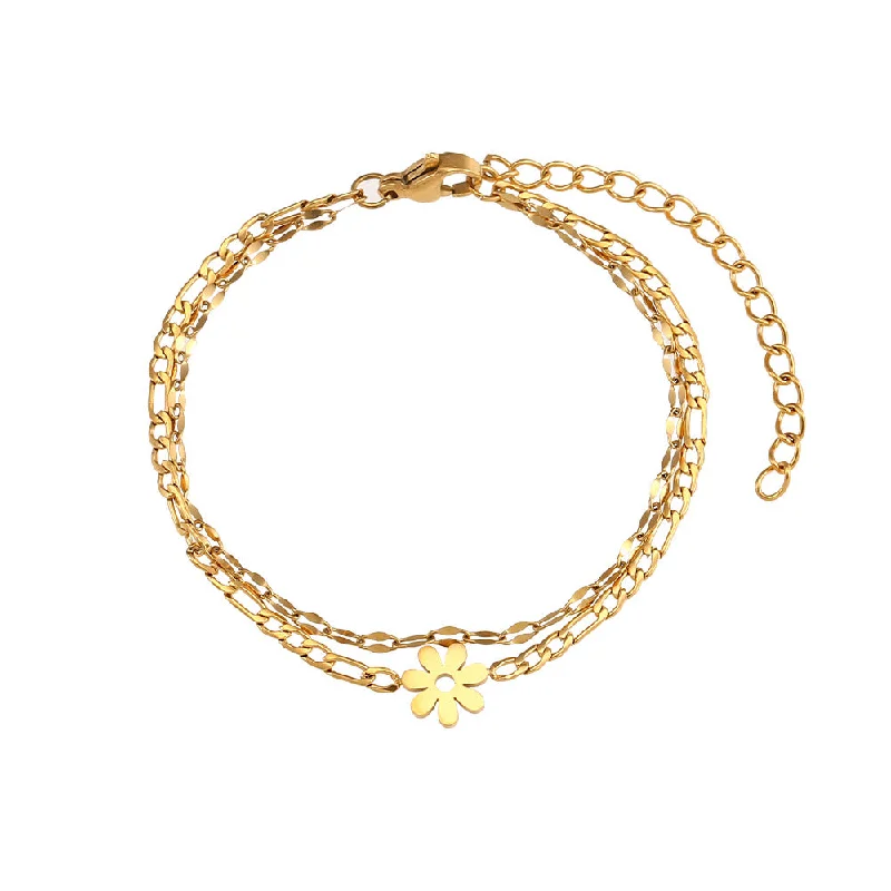 Lip Chain Figaro Chain Double Layer Little Daisy Bracelet-Gold