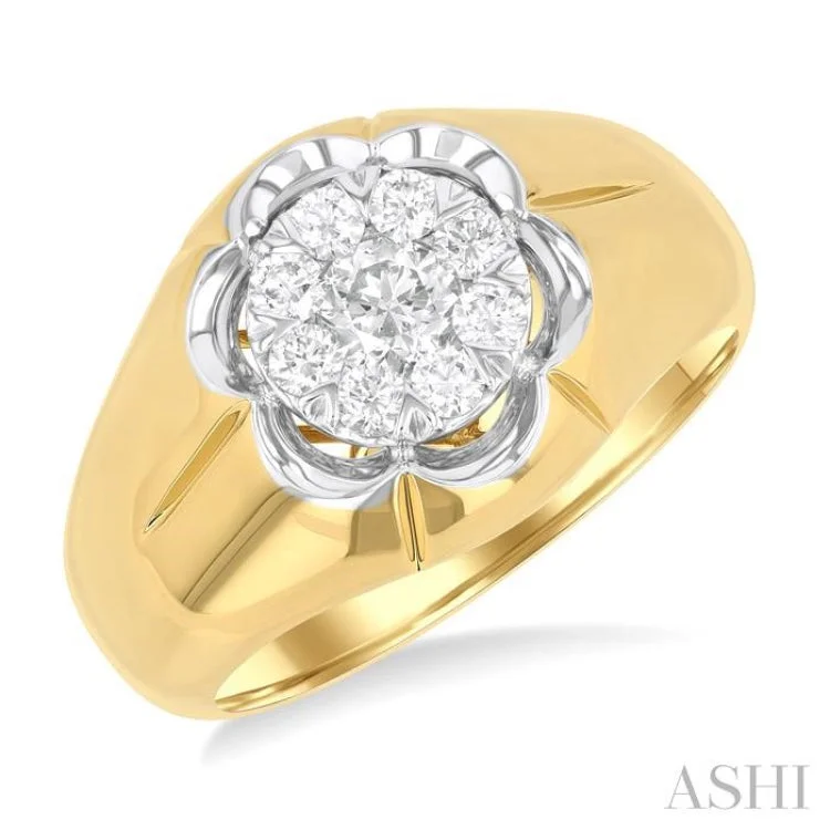 Affordable diamond engagement rings for women -3/4 ctw Floral Center Lovebright Round Cut Diamond Men's Ring in 14K Yellow and White Gold