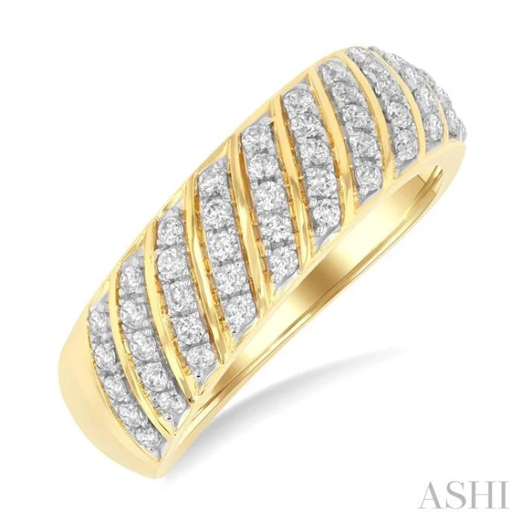 Engagement rings for women with matching bands -1/2 ctw Dome Shape Slanted Ribbed Pattern Round Cut Diamond Fashion Ring in 10K Yellow Gold