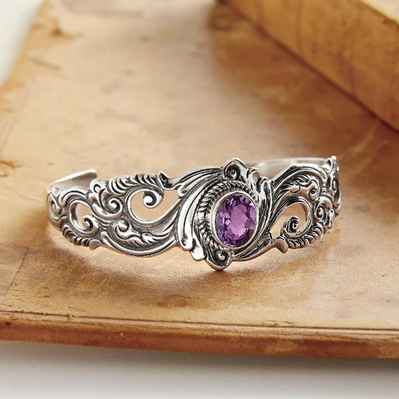 Custom-made women's bangle designs -Amethyst & Silver Floral Paisley Cuff Bracelet