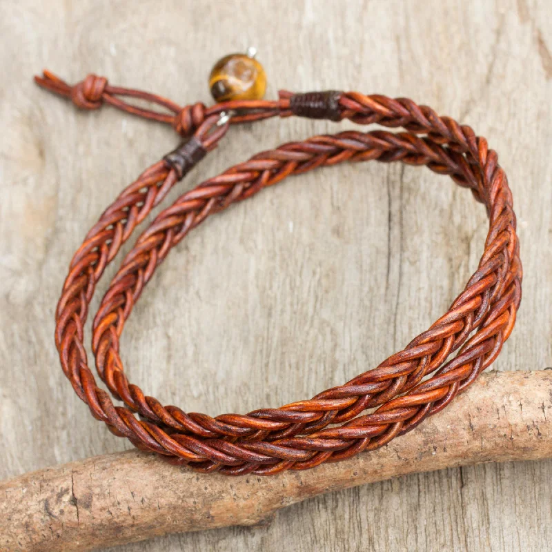 Floral design women's bracelets -Double Cinnamon Leather Men's Wrap Bracelet