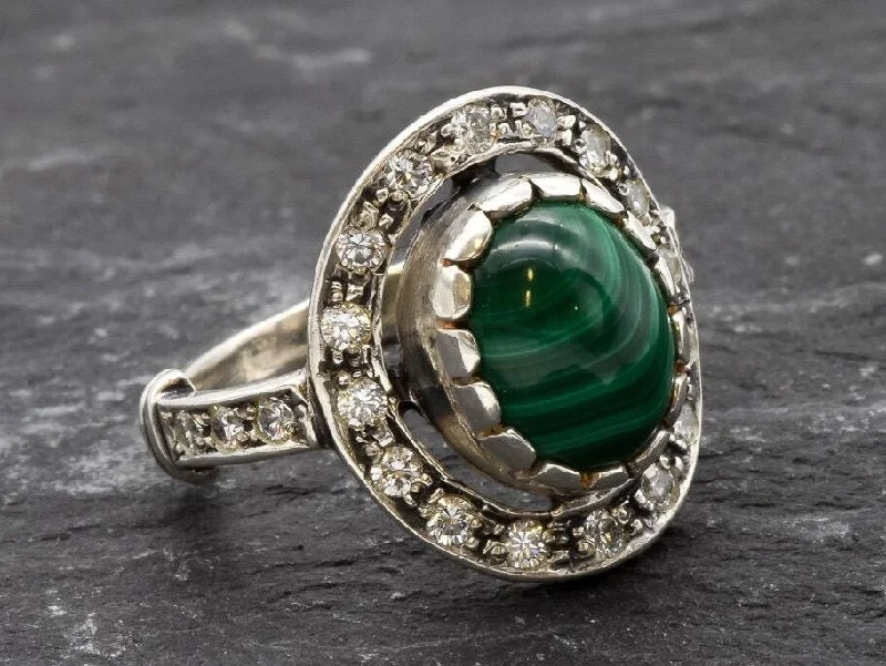 Women’s halo engagement rings-Malachite Ring - Green Vintage Ring - Oval Cocktail Ring