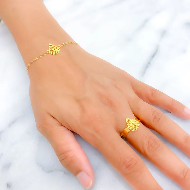 Stylish bangles for women -Sleek Sophisticated Pear Drop 21k Gold Bracelet W / Matching Ring