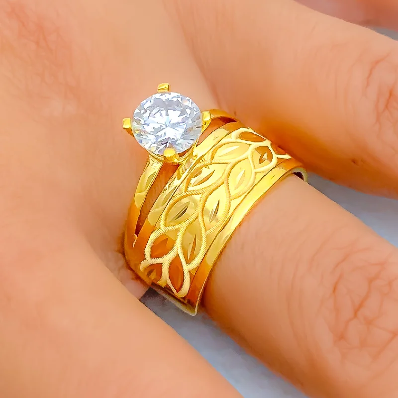 Women’s rose gold stack rings-Leaf Adorned 22k Gold CZ Ring w/ Solitaire