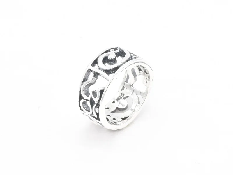 Women’s promise rings-Silver Wave Ring - Bali Swirl Ring, Thick Floral Band