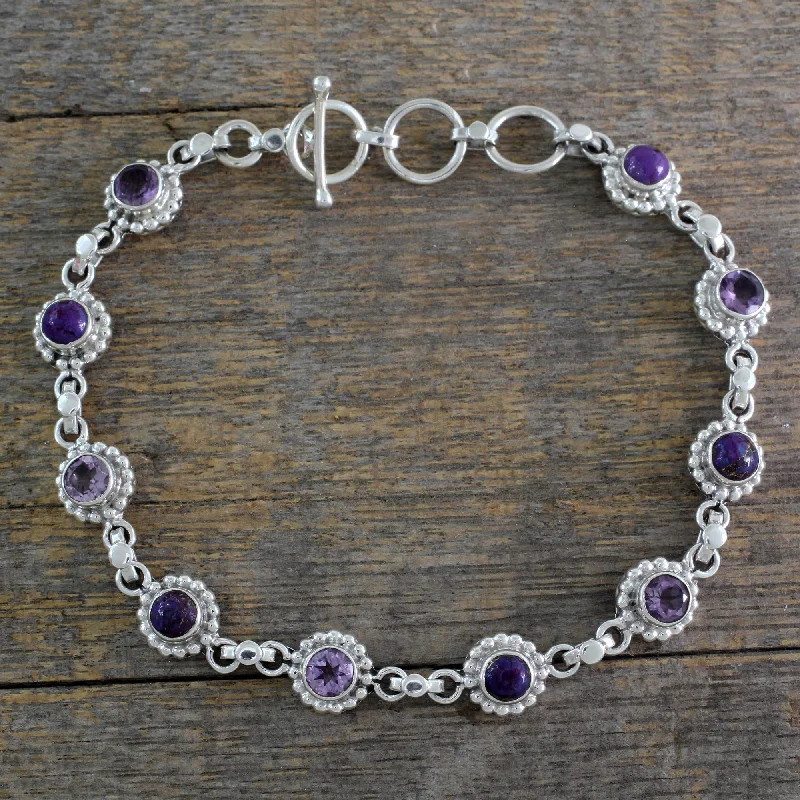 Simple women's bracelet designs -Petite Flowers Amethyst Sterling Silver and Composite Turquoise Bracelet