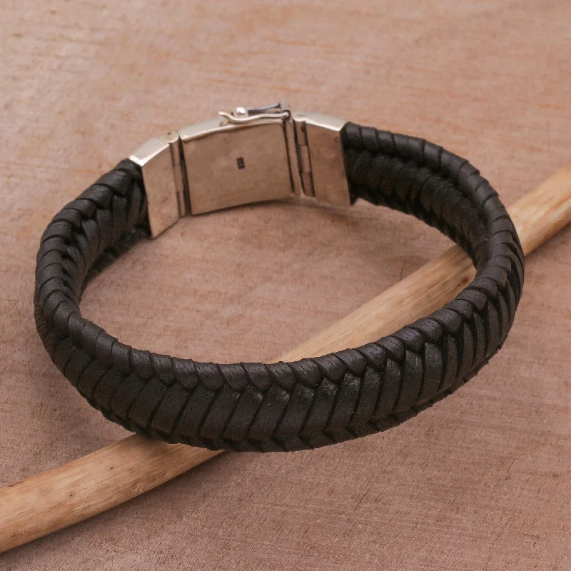 Simple women's bracelet designs -Kintamani Weave in Black Silver & Leather Bracelet