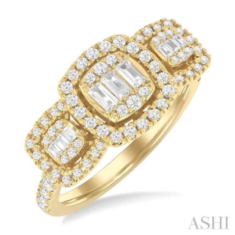 Solitaire diamond engagement rings for women -3/4 ctw Cushion Shape Past, Present & Future Fusion Baguette and Round Cut Diamond Engagement Ring in 14K Yellow Gold