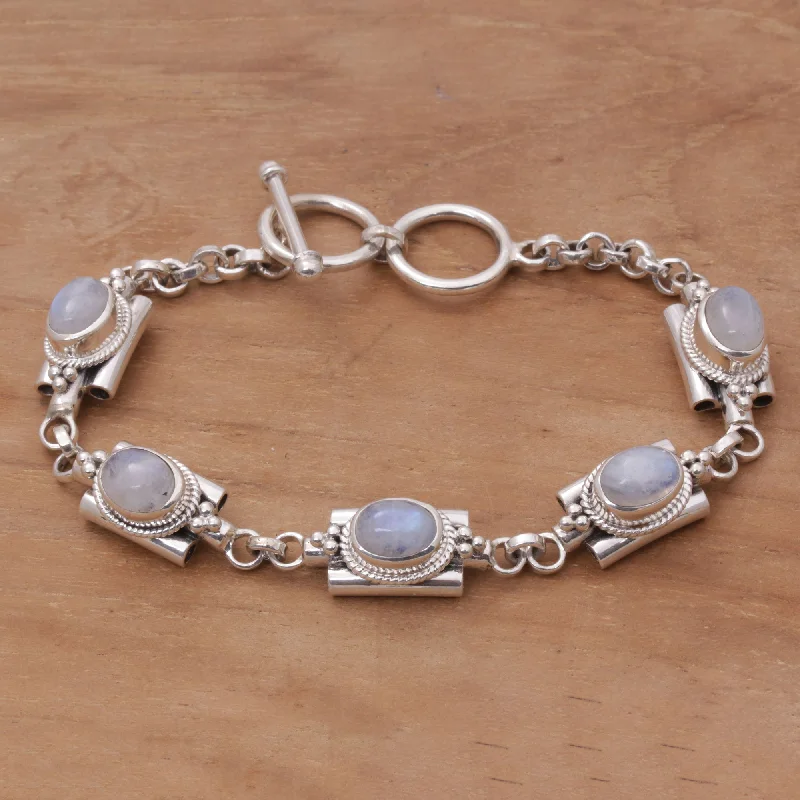 Women's bangles for the office -Misty Domes Silver & Rainbow Moonstone Bracelet