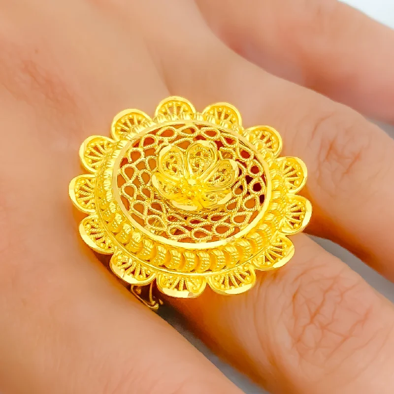 Women’s engagement rings with side stones-Luxurious Netted Flower 22k Gold Statement Ring