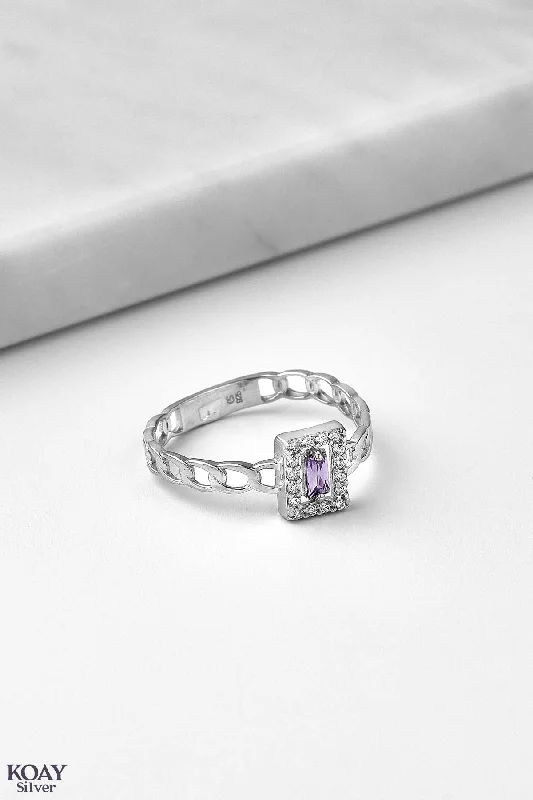 Women’s gold plated rings-Purple Rectangle Zircon Gourmet Ring