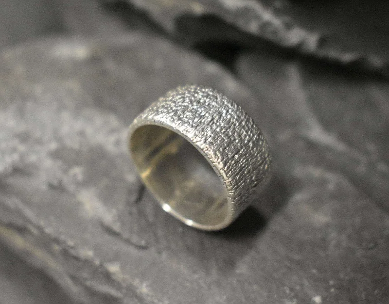 Women’s wedding band rings-Thick Silver Band - Silver Textured Ring - Wide Band Ring