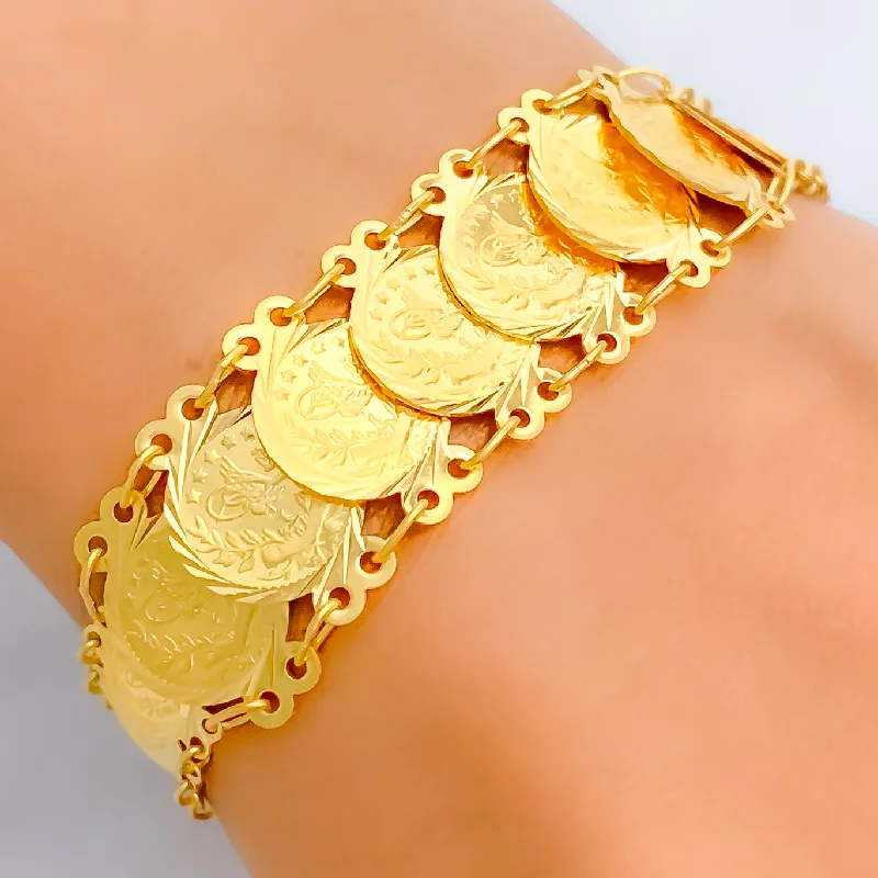 Big round bangle for women -Lustrous Engraved 21k Gold Coin Bracelet