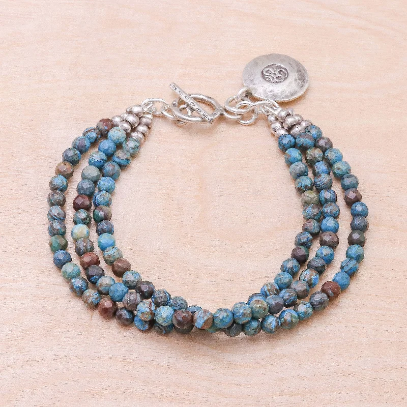 Big round bangle for women -Tiny Globes Om Symbol Beaded Bracelet with Blue and Brown Jasper