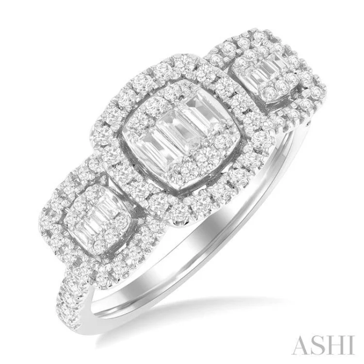 High-end engagement rings for women -3/4 ctw Cushion Shape Past, Present & Future Fusion Baguette and Round Cut Diamond Engagement Ring in 14K White Gold