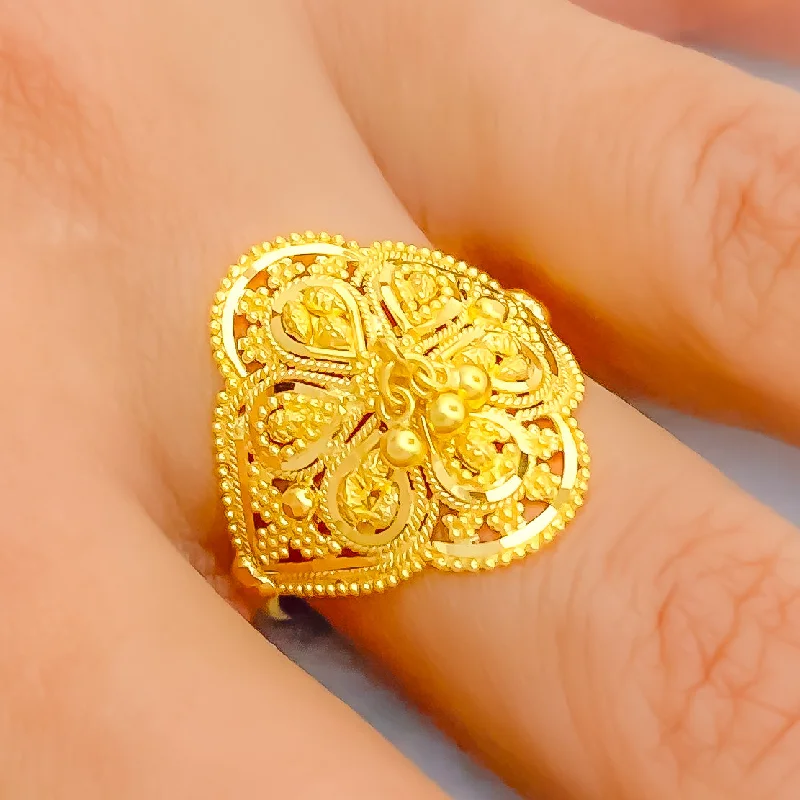 Women’s silver rings-Luxurious Tasseled Flower 22K Gold Ring