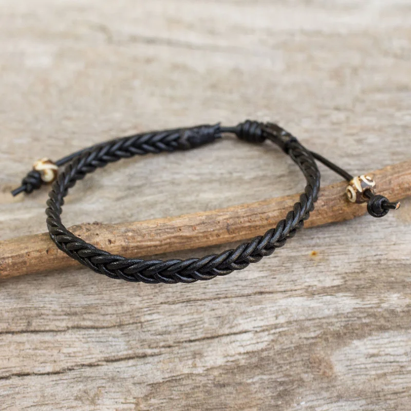 Affordable women's bracelets -Men's Black Leather Braided Bracelet