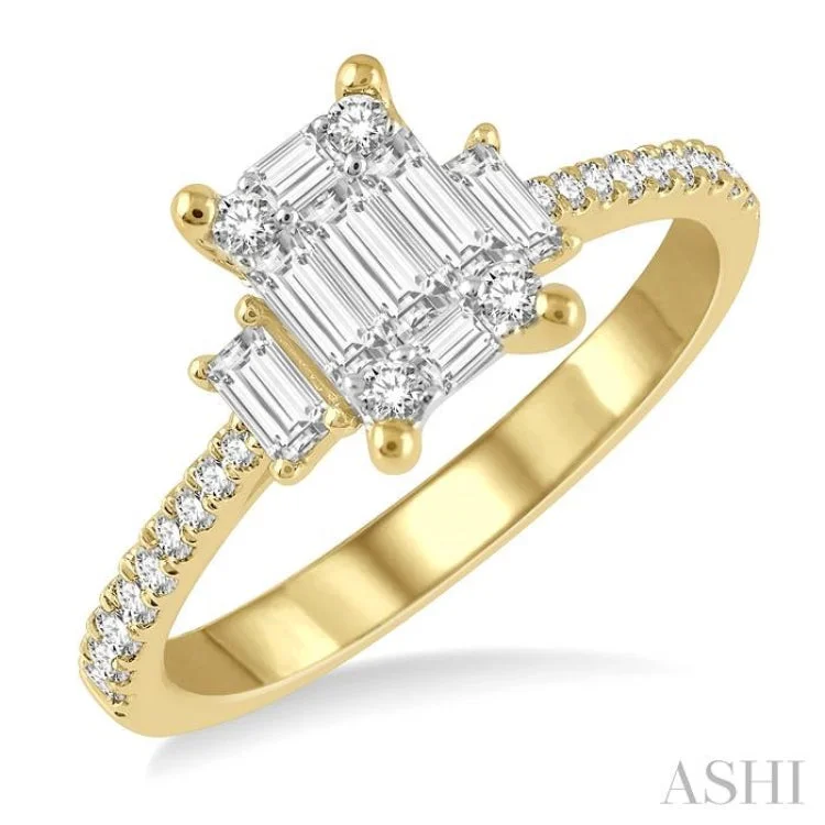 Vintage-inspired engagement rings for women -5/8 ctw Baguette and Round Cut Fusion Diamond Engagement Ring in 14K Yellow and White Gold