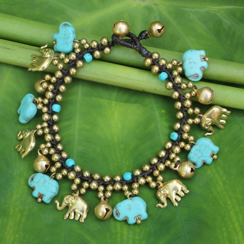 Thin women's bracelets -Elephant World Blue Calcite Brass Beaded Bracelet