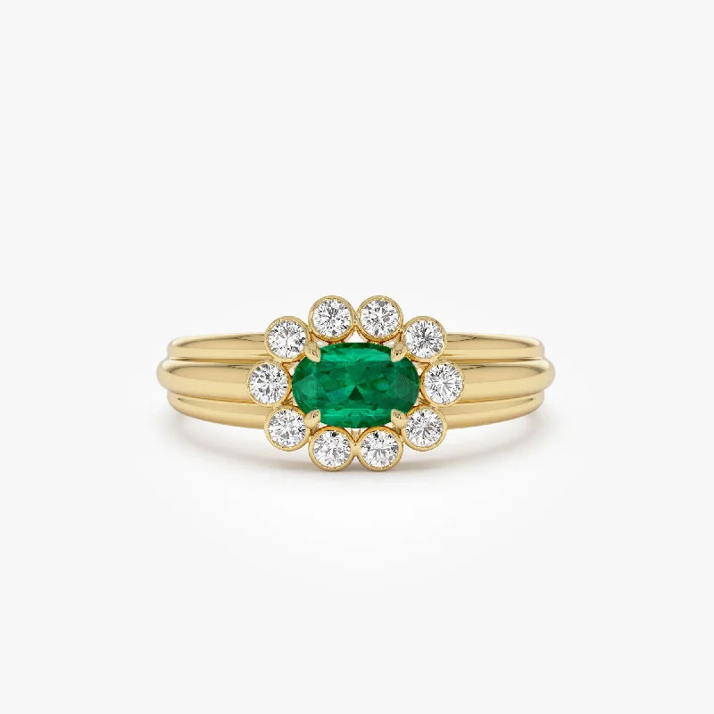 Women’s pearl engagement rings-14k Oval Shaped Emerald with Bezel Hale Setting Ring