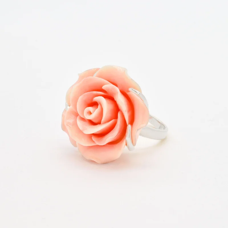 Women’s geometric rings-Large Rose Ring - Coral Ring - Statement Flower Ring