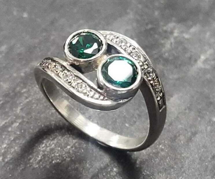 Women’s vintage wedding rings-Emerald Ring - Green Round Ring - Two Stone Ring