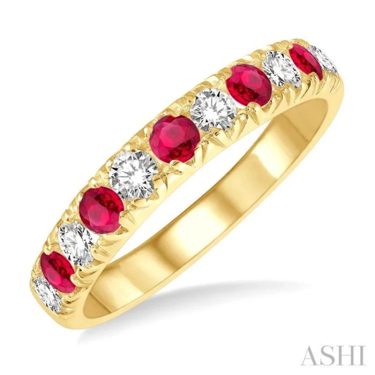 Unique engagement rings with colored diamonds for women -2.6 MM Ruby and 3/8 ctw Round Cut Diamond Precious Wedding Band in 14K Yellow Gold