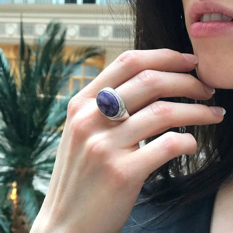 Women’s gemstone wedding rings-Charoite Ring - Purple Statement Ring - Oval Cocktail Ring