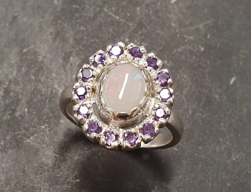 Women’s classic solitaire engagement rings-Victorian Opal Ring - Flower Amethyst Ring - Purple Cocktail Ring