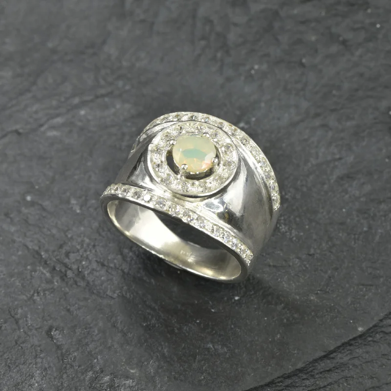 Women’s polished rings-Statement Opal Ring - Wide Silver Ring - Chunky Opal Band