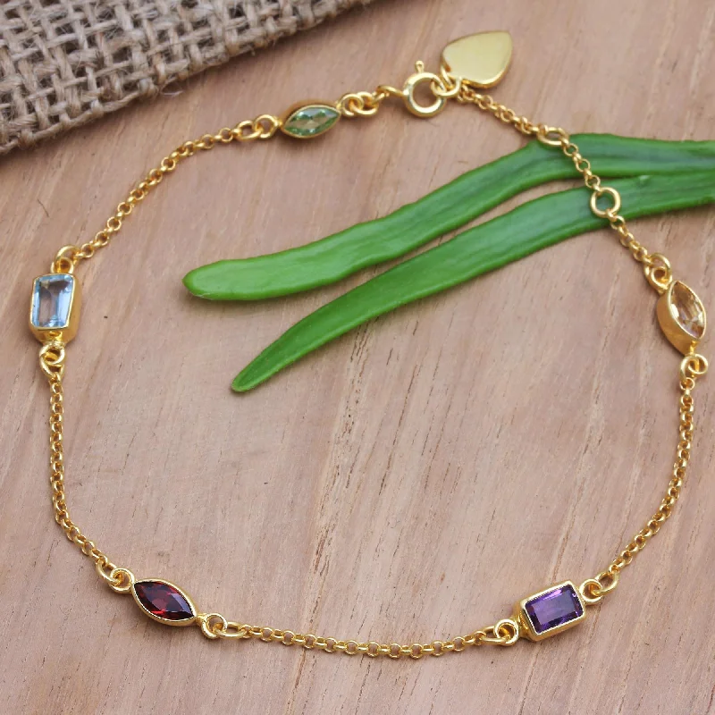 Women’s bracelet stack -Heaven's Rainbow Gold-Plated Birthstone Station Bracelet from Bali