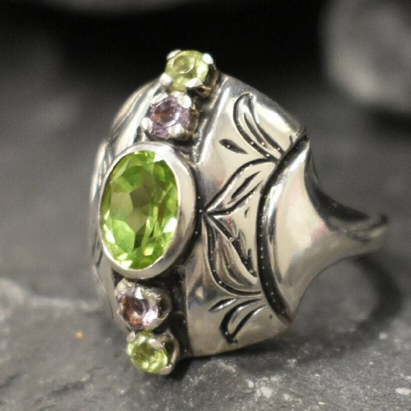 Women’s adjustable statement rings-Peridot Ring - Tribal Multistone Ring - Bezel Cocktail Ring