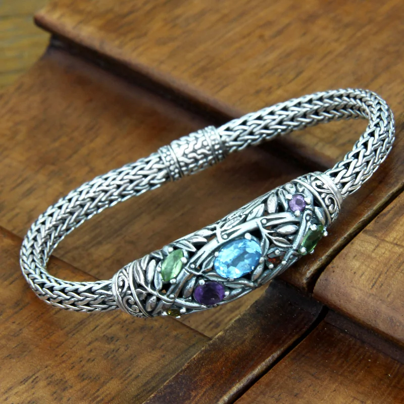 Modern simple women’s bracelets -Bamboo Blossoms Blue topaz and peridot braided bracelet