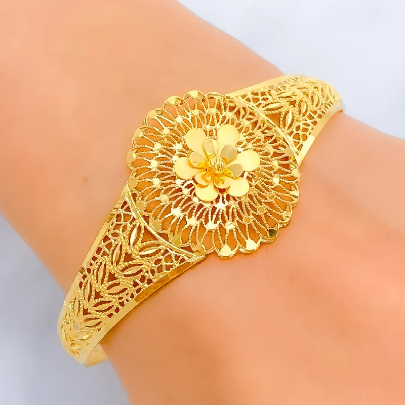 Night party bangles for women -Ornate Floral Mesh 22k Gold Bangle Bracelet