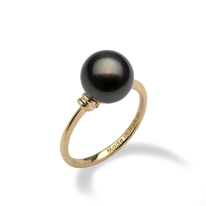 Women’s sapphire engagement rings-Tahitian Black Pearl Ring in Gold - 9-10mm